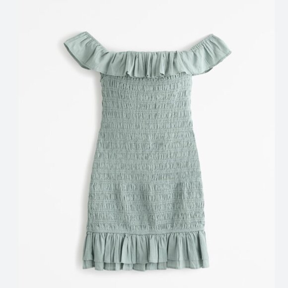Abercrombie & Fitch Smocked Off The Shoulder Mini Dress Sage Green NWT Sz M Tall - Picture 3 of 8